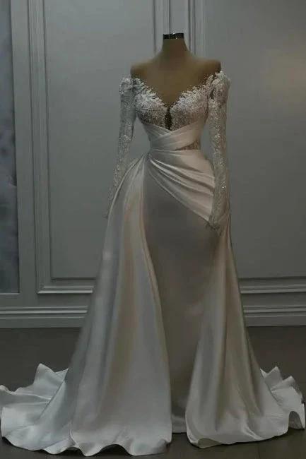 Vintage Long White A-line Off-the-shoulder Lace Beading Wedding Dress with Long Sleeves (ZD15617) - VelvetHem