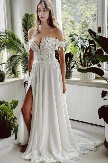 Vintage Long White A-line Off-the-shoulder Wedding Dress with Slit (ZD15572) - VelvetHem
