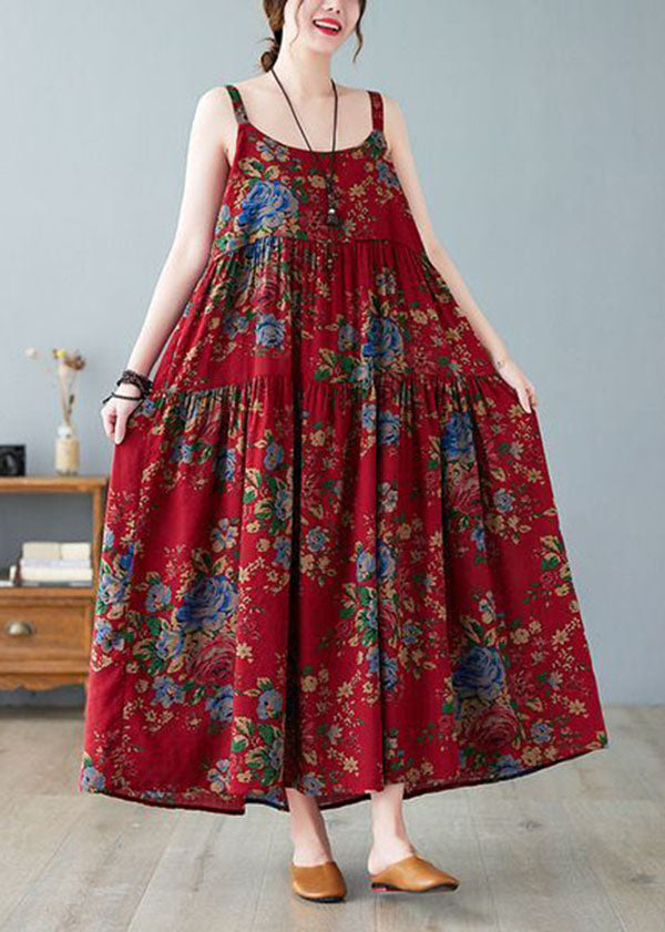Vintage Red Oversized Print Cotton Spaghetti Strap Dress Dress Summer