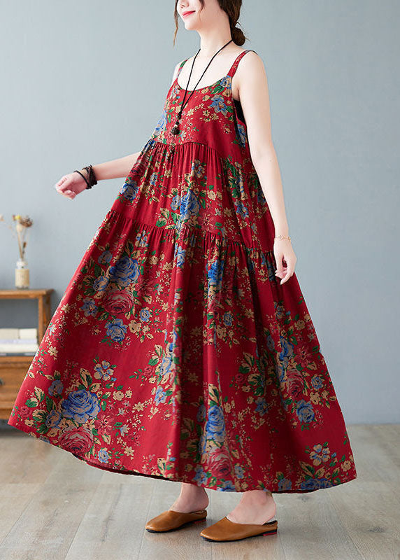 Vintage Red Oversized Print Cotton Spaghetti Strap Dress Dress Summer