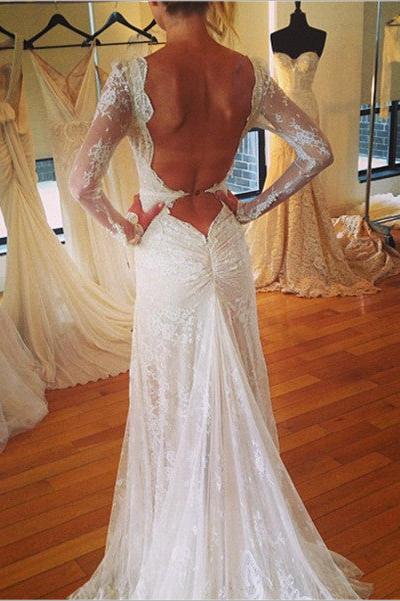 Vintage V-Neck Long Sleeve Wedding Dress Tulle Applique Open Back  Brudal Gown