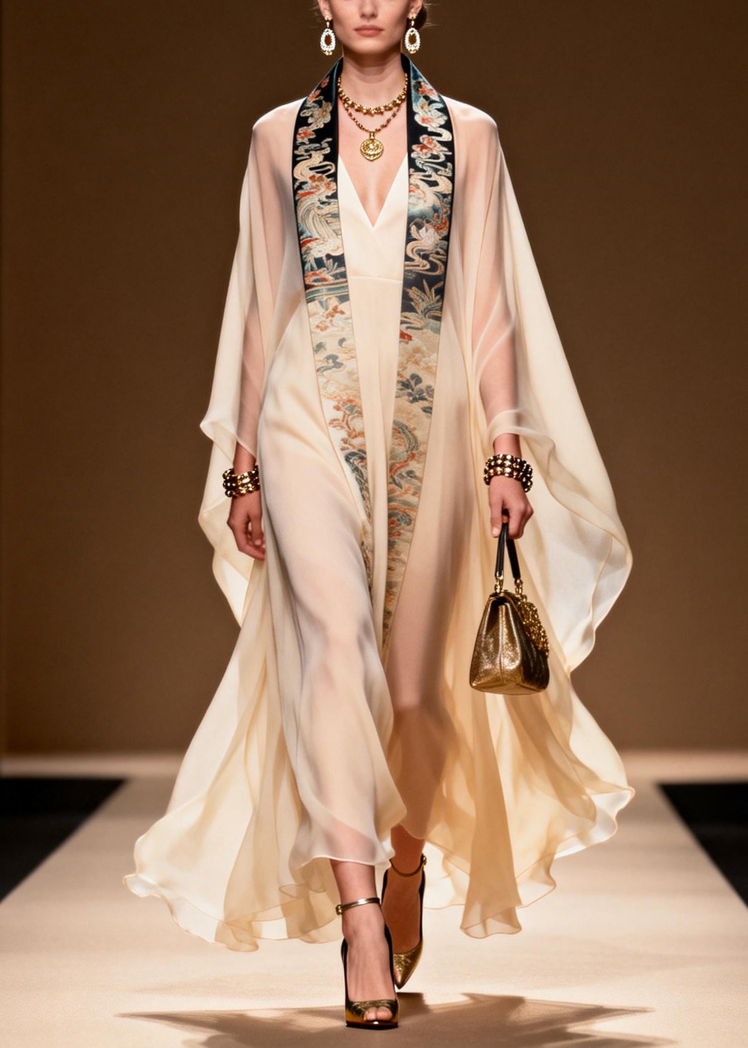 Vintage White Oversized Dragon Pattern Chiffon Dresses Two Piece Set Summer