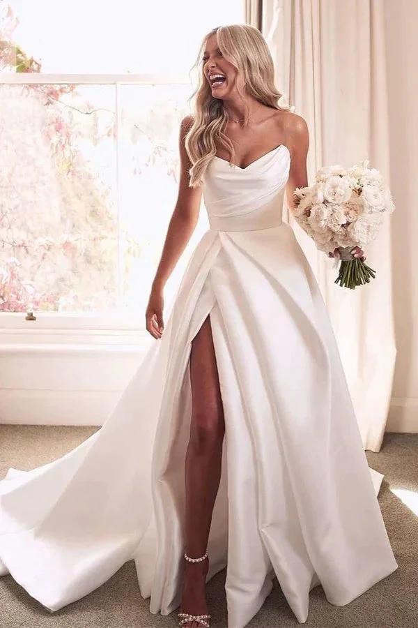 Vintage A Line Ivory Satin Beach Wedding Dress With Side Slit (ZD16354)