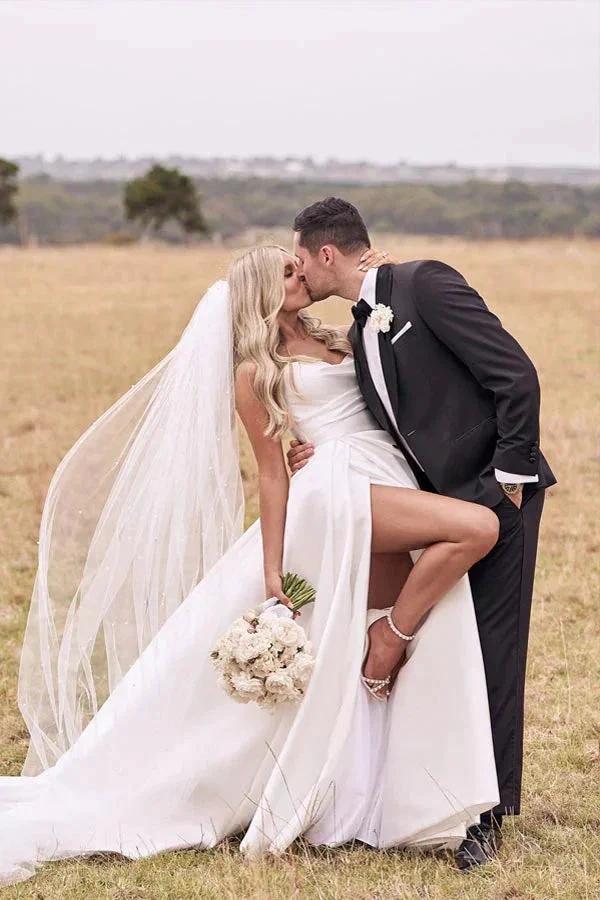 Vintage A Line Ivory Satin Beach Wedding Dress With Side Slit (ZD16354)