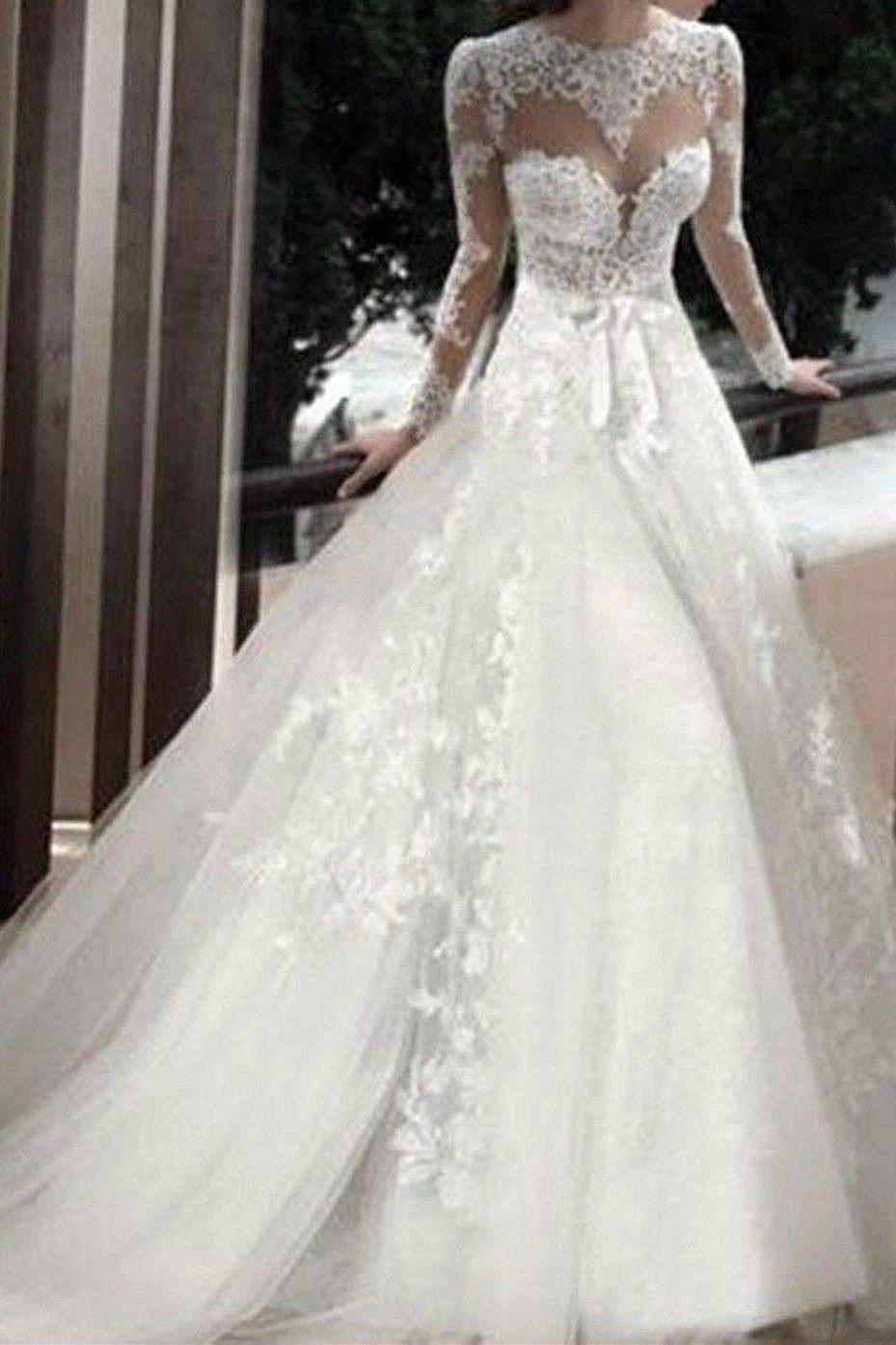 Vintge Lace Long Sleeve Wedding Dresses  Appliques Tulle Skirt Bridal Dress