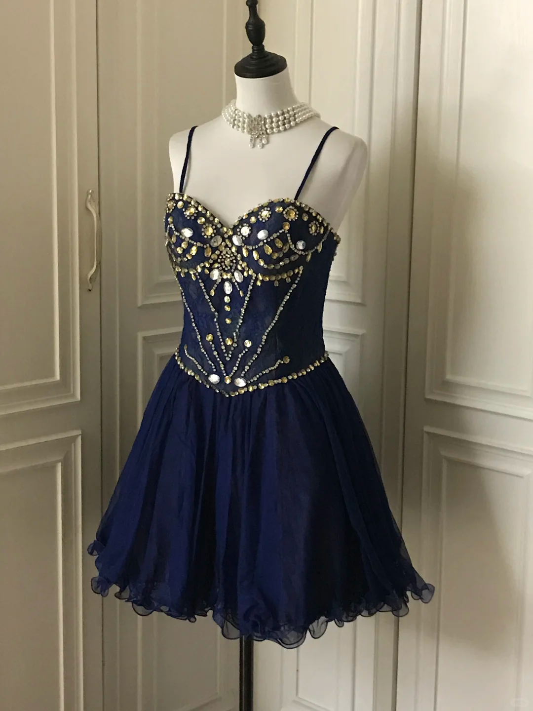 Vintage Navy Blue Lace Beaded A Line Homecoming Dress Short Party Dress - View 2 | VelvetHem