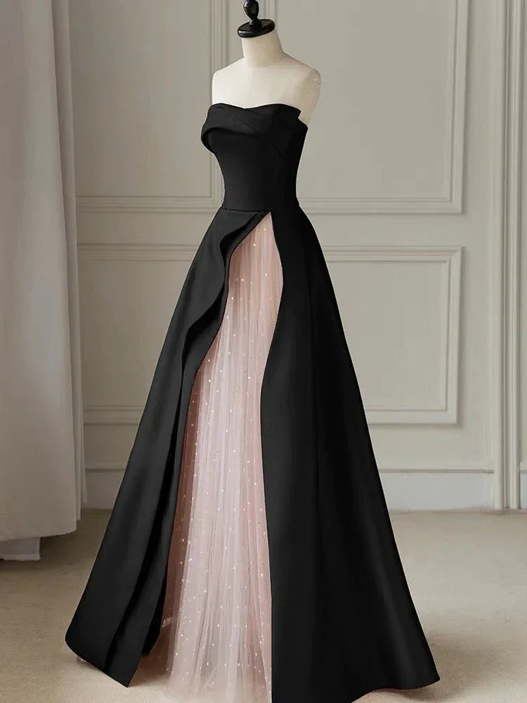 Black Strapless High-Slit Evening Dress With Gauze - Gothic Wedding Dress Y2386 by simplepromdress