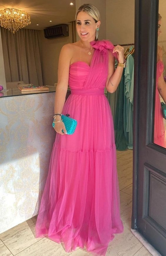 Simple One Shoulder A-Line Tulle Prom Dresses - View 2 | VelvetHem