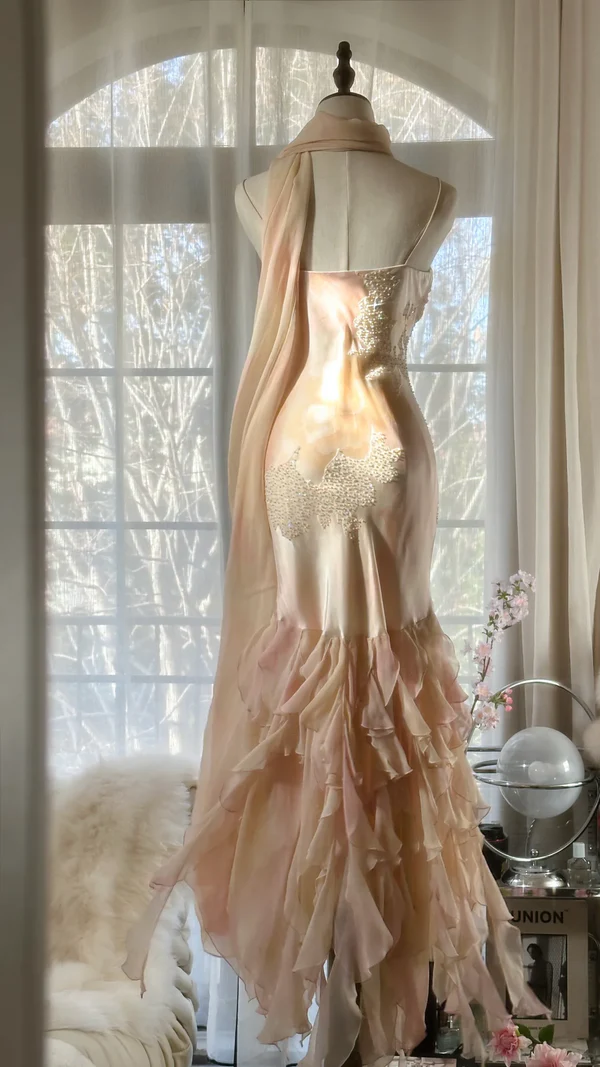Charming Mermaid Beaded Ruffles Prom Dress,Chiffon Evening Dress - View 3 | VelvetHem