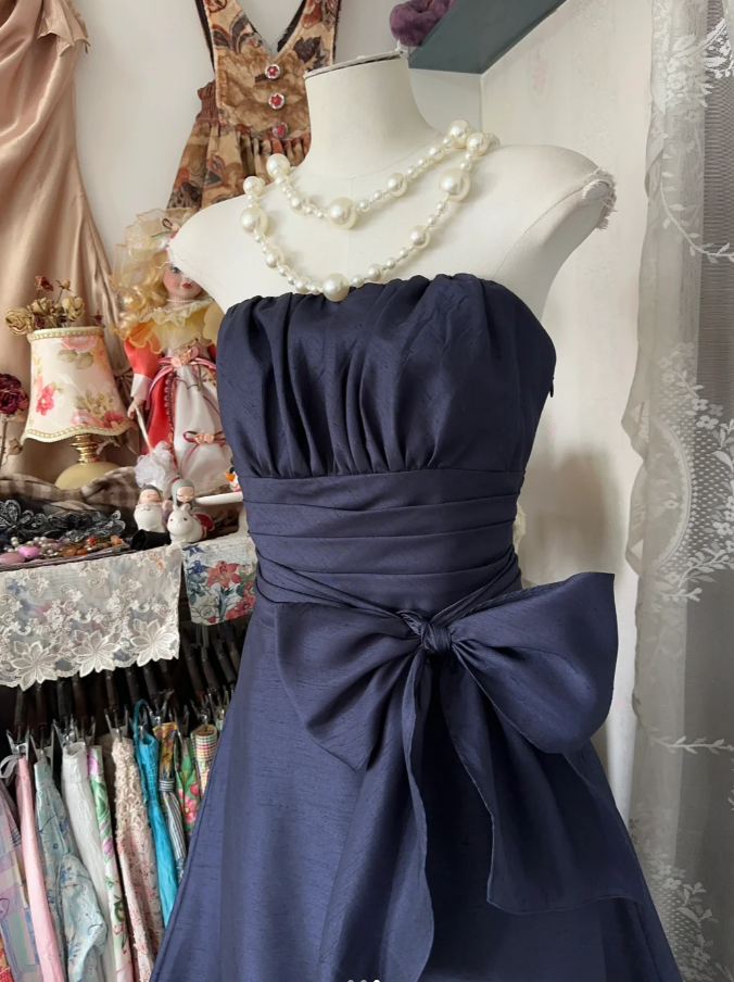 Elegant Navy Blue Strapless Satin Bow A Line Long Wedding Guest Dress Party Dress - View 2 | VelvetHem