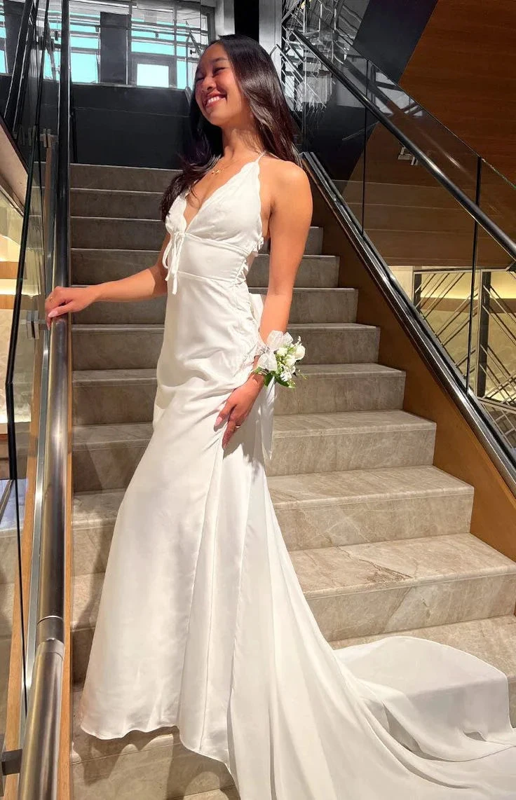 Elegant Spaghetti Straps V Neck Long Prom Dress White Mermaid Evening Gown Wedding Dress (ZD13728) - VelvetHem