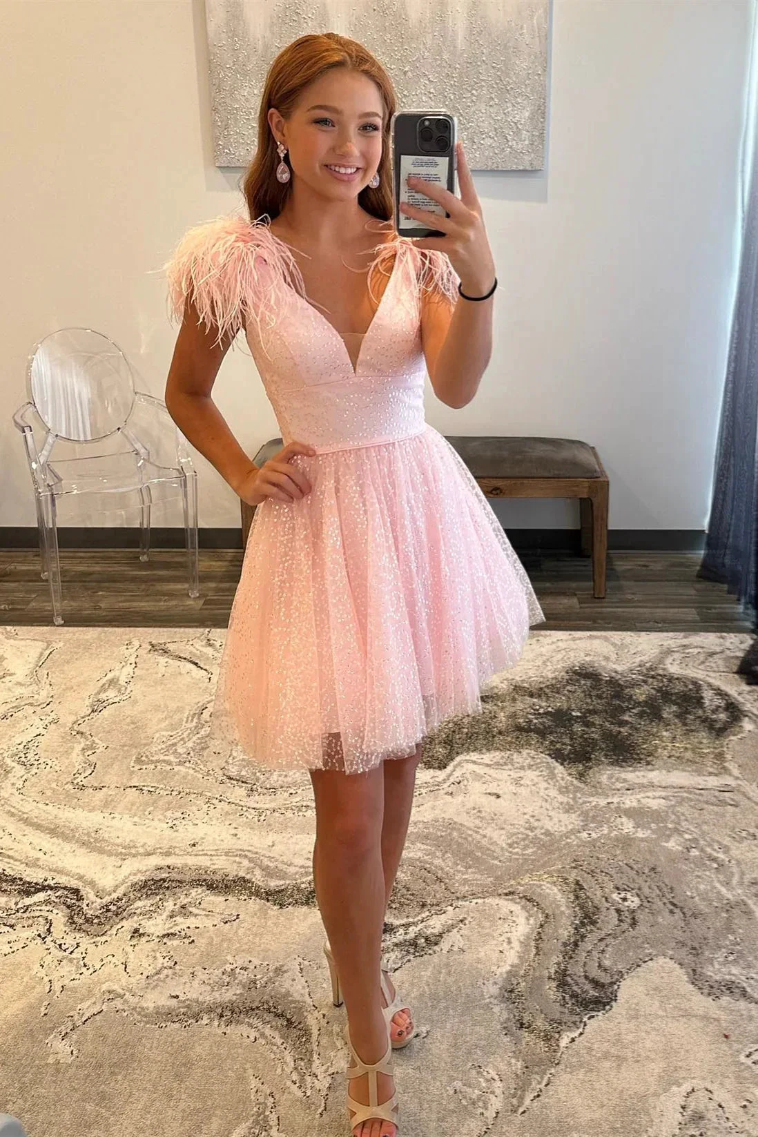 Pink A-line Tulle Deep V Neck Beaded Homecoming Dress with Feathers Y2863 by simplepromdress