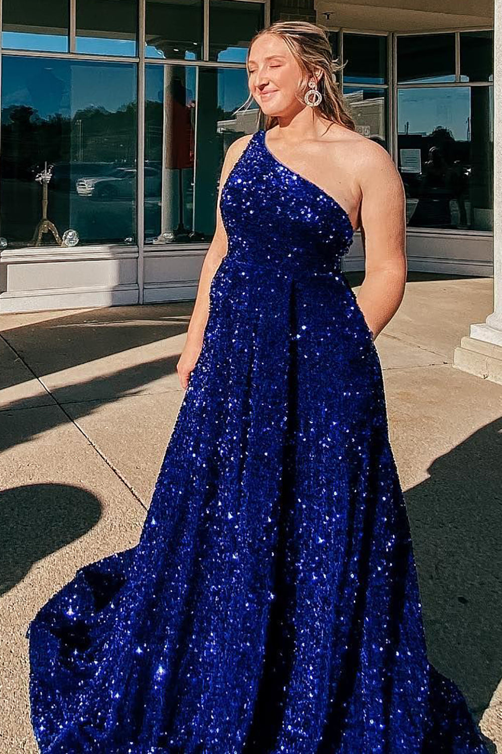 A-line One Shoulder Royal Blue Prom Dress with Beading - VelvetHem