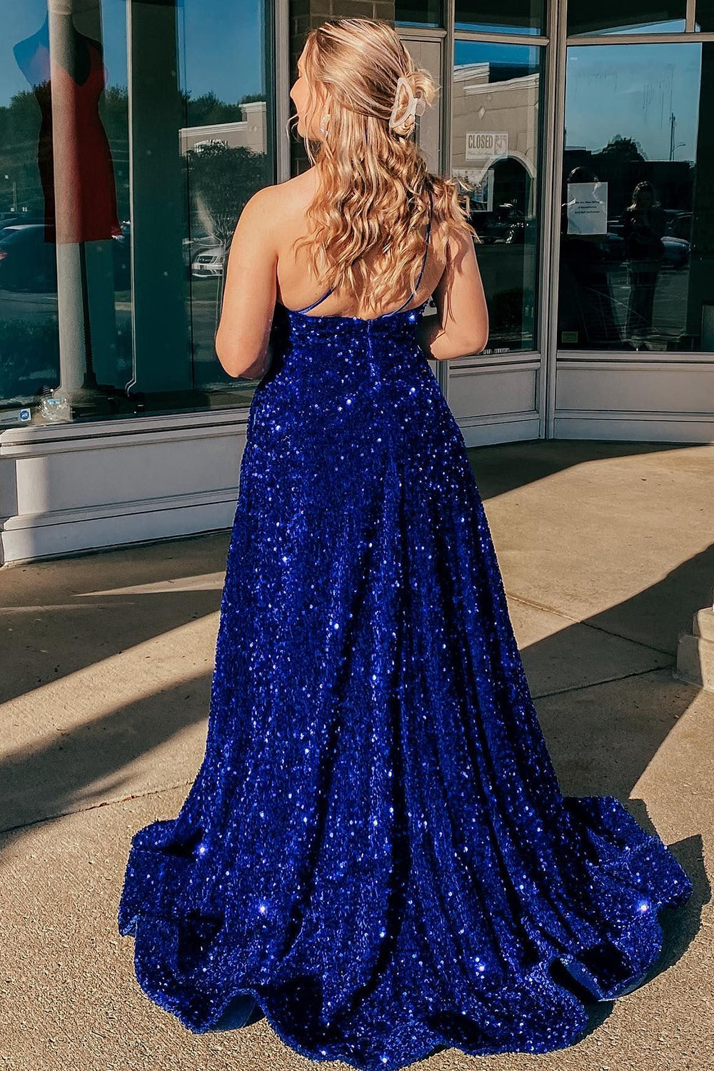 A-line One Shoulder Royal Blue Prom Dress with Beading - View 2 | VelvetHem