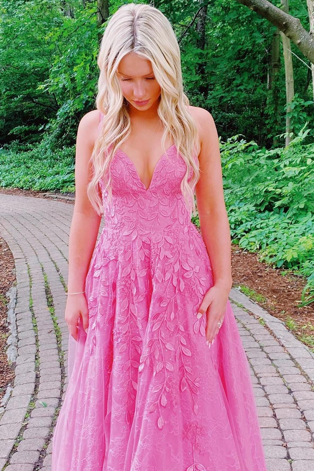 Gorgeous A Line Spaghetti Straps Pink Long Prom Dress with Appliques - VelvetHem