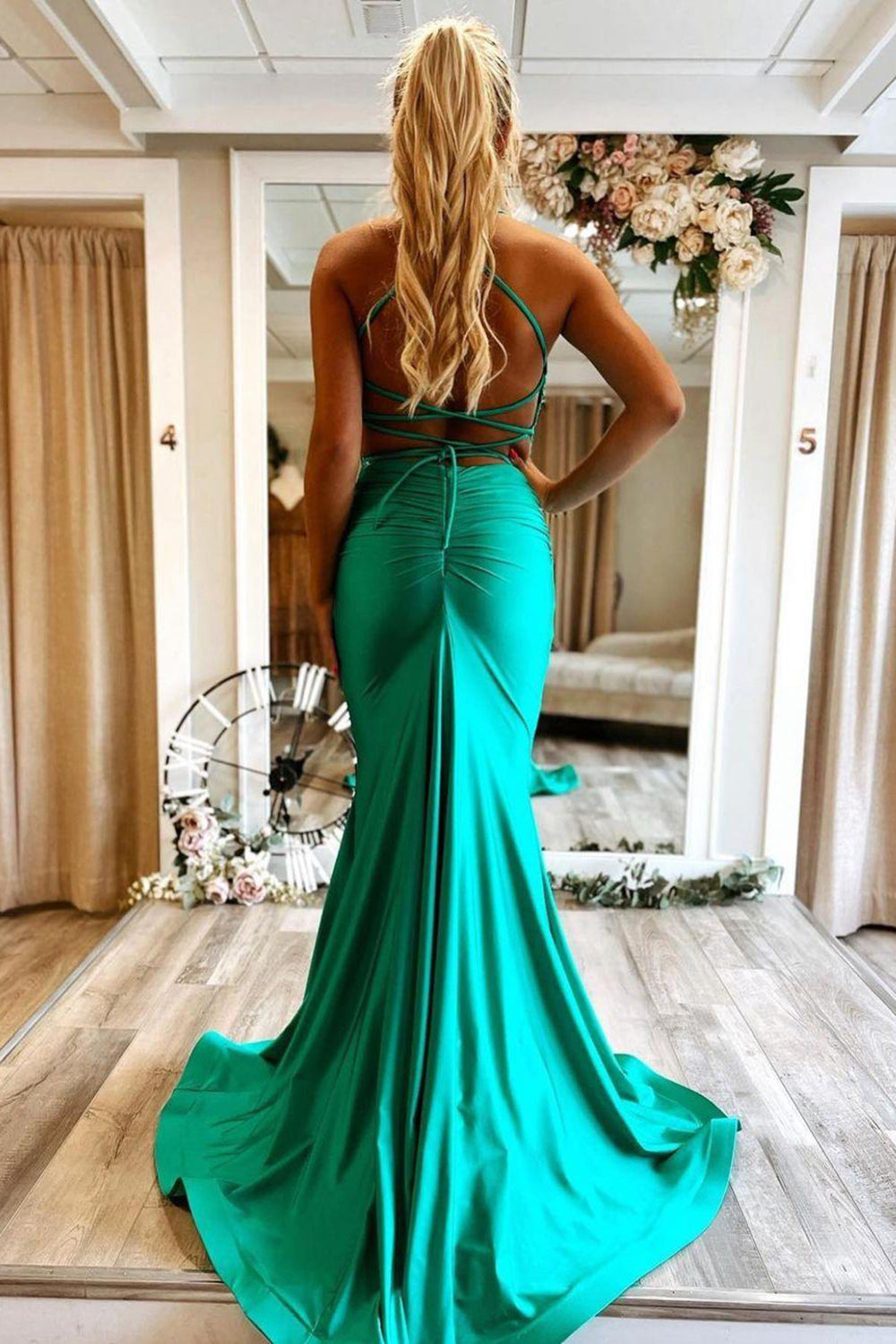 Mermaid Halter Neck Green Long Prom Dress with Criss Cross Back - View 2 | VelvetHem