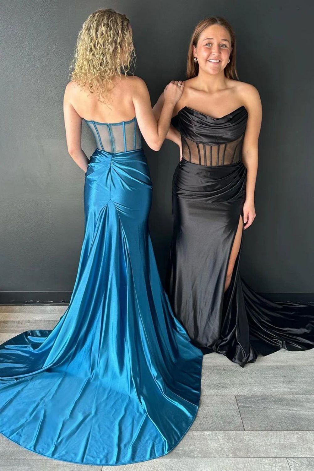 Satin Mermaid Strapless Backless Long Prom Dress With Split - View 2 | VelvetHem