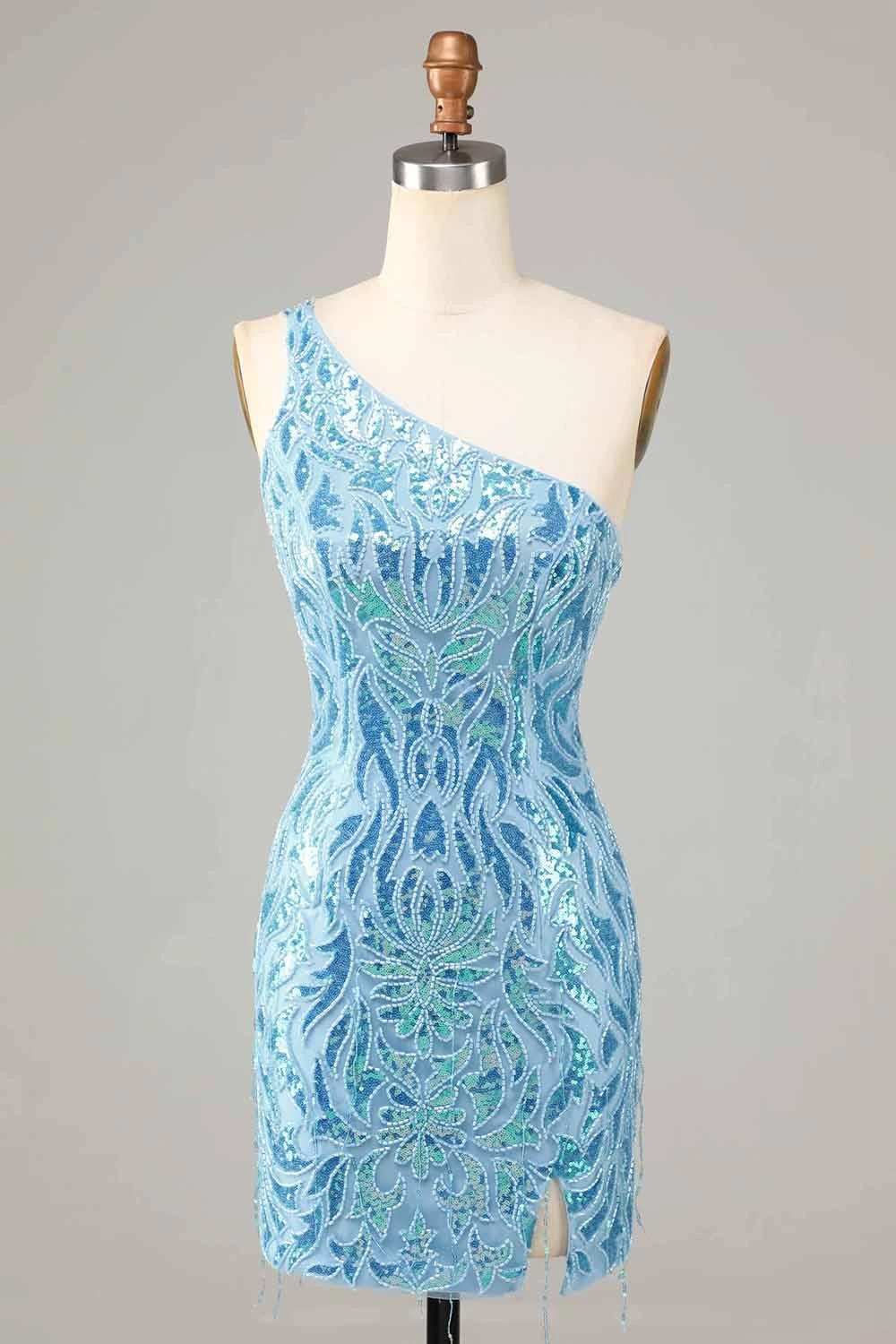 Blue Sheath One Shoulder Sequins Short Homecoming Dress by WEDTREND