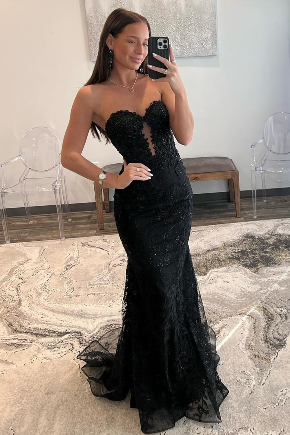 Stunning Black Sweetheart Backless Mermaid Long Prom Dress with Appliques - View 3 | VelvetHem