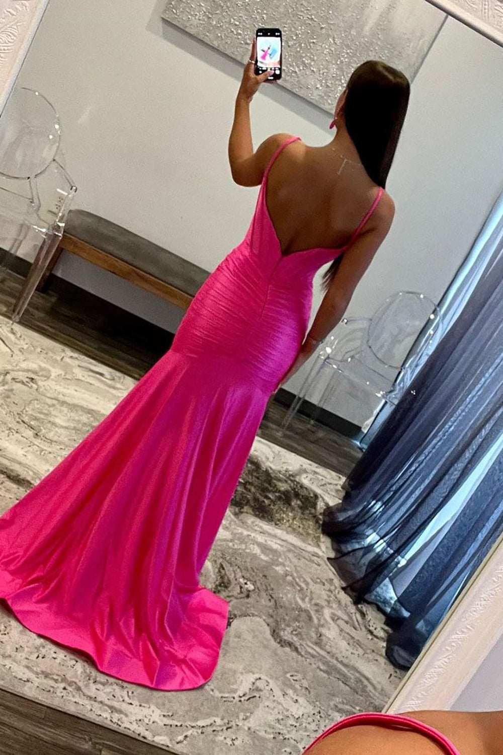 Hot Pink Spaghetti Straps Mermaid Long Satin Prom Dress with Slit - View 2 | VelvetHem
