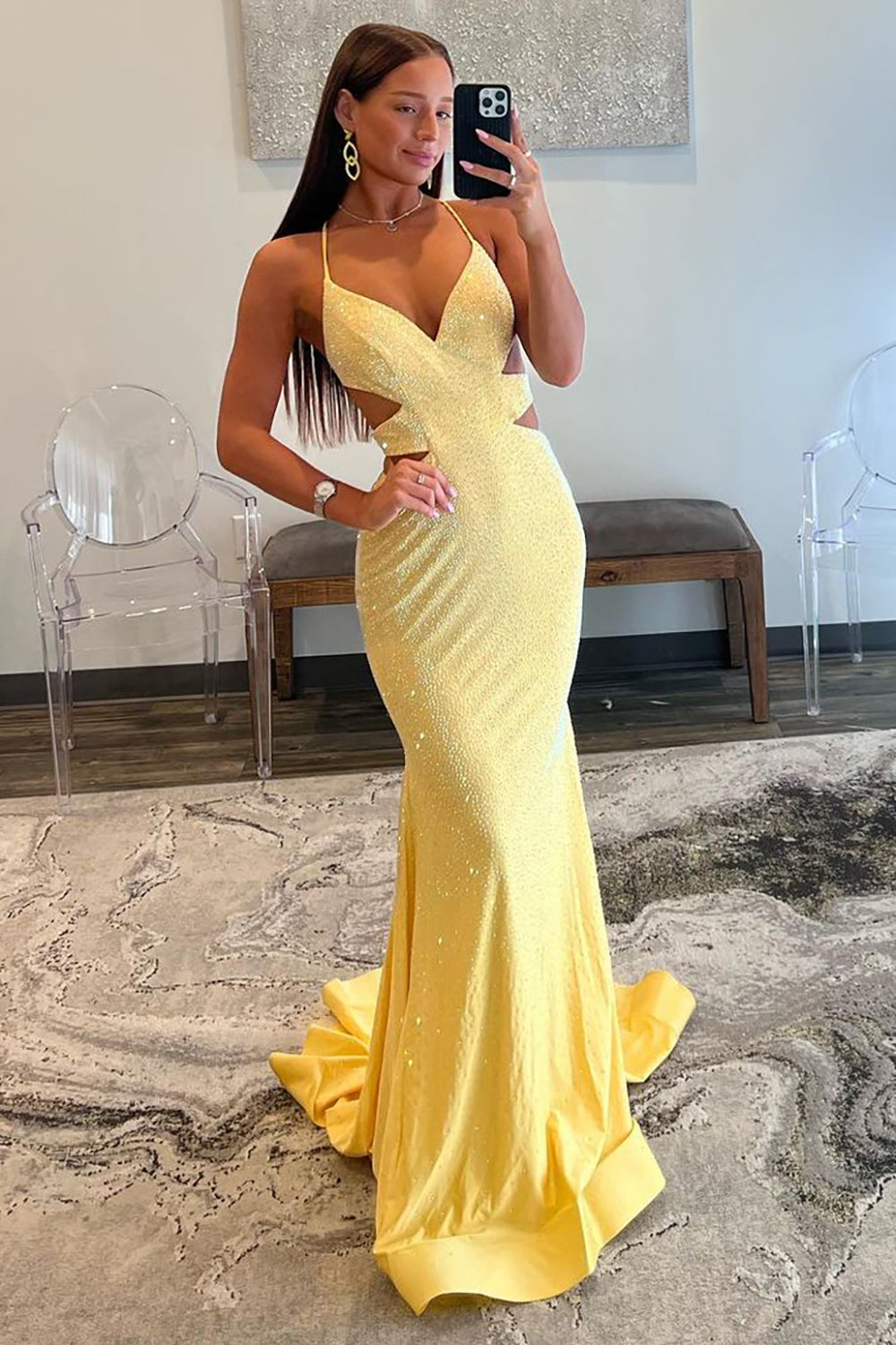 Yellow Mermaid Cutout Waist Lace Up Corset Long Beaded Prom Dress - VelvetHem