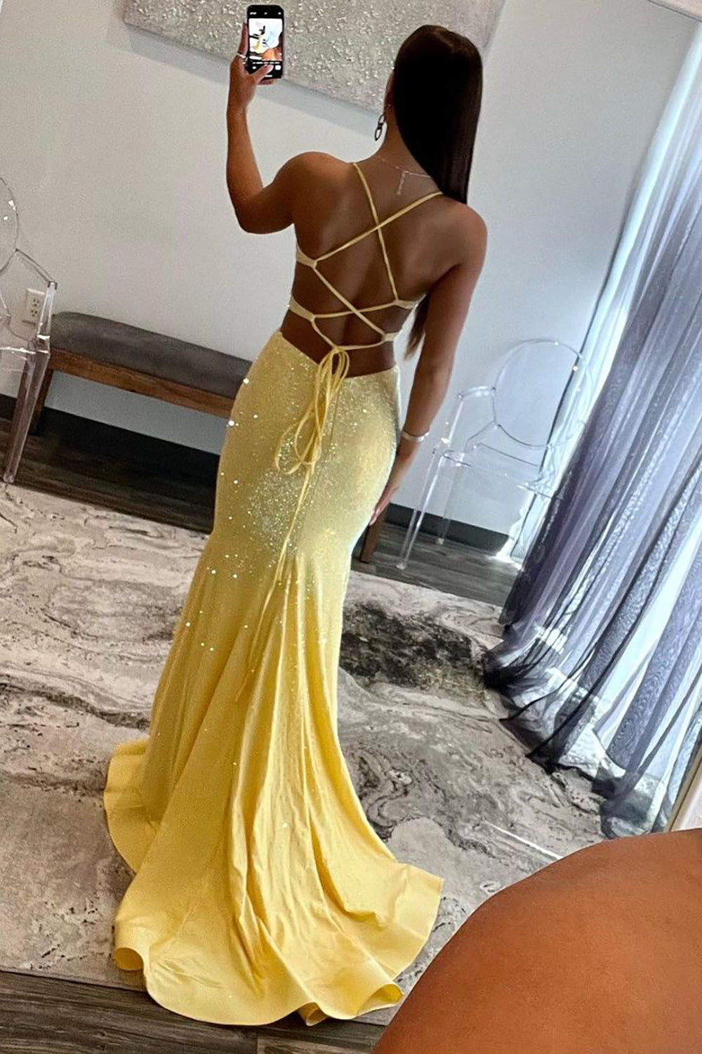 Yellow Mermaid Cutout Waist Lace Up Corset Long Beaded Prom Dress - View 2 | VelvetHem