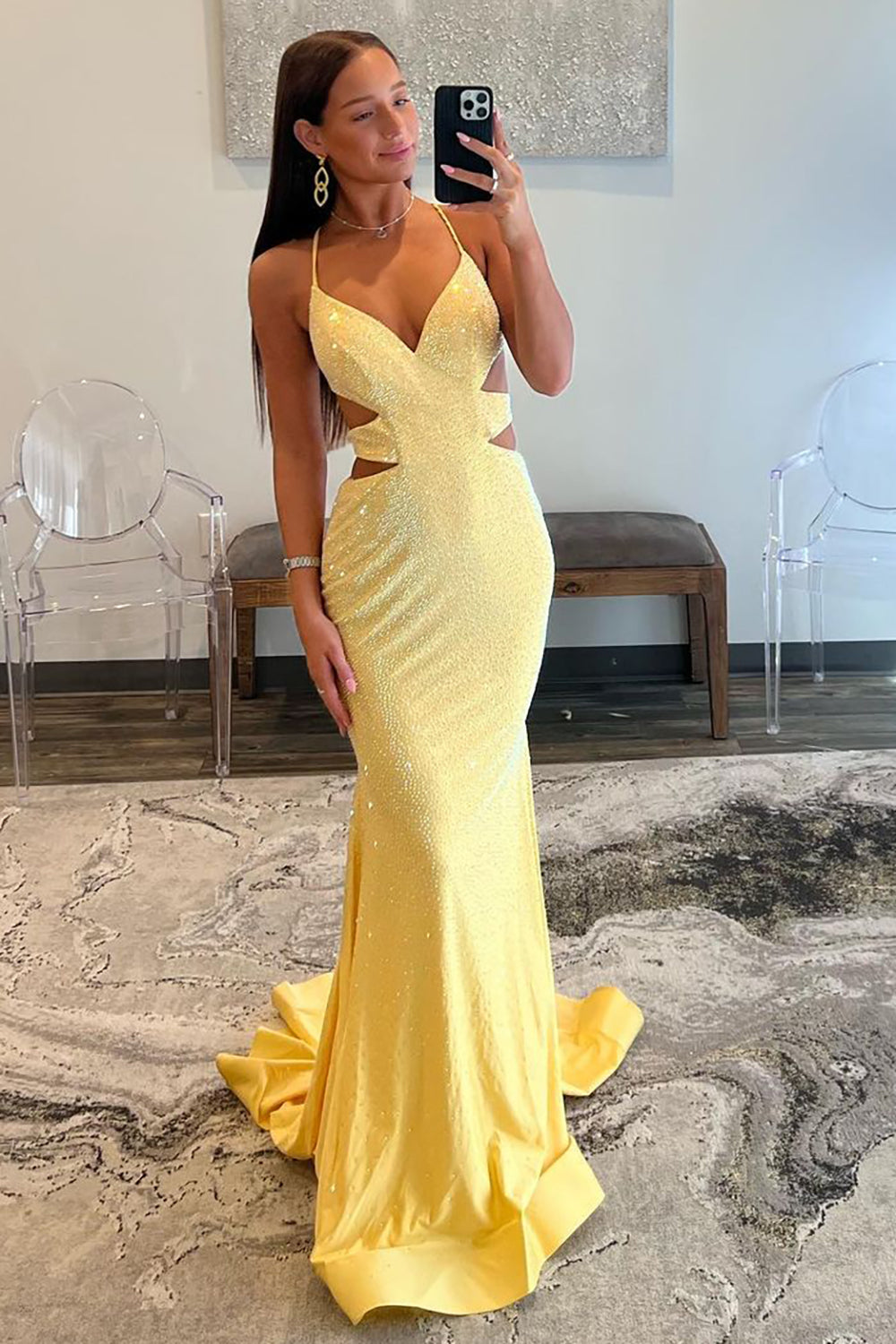Yellow Mermaid Cutout Waist Lace Up Corset Long Beaded Prom Dress - View 4 | VelvetHem