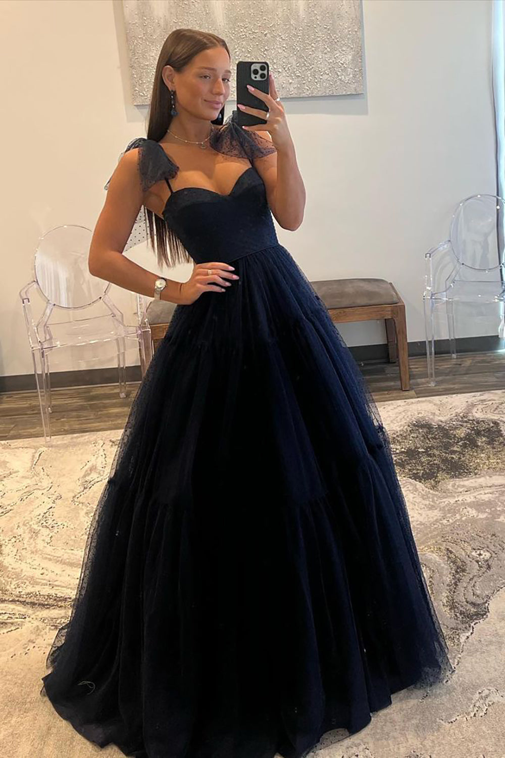 Dark Navy A-Line Tie Straps Zipper Back Long Tulle Prom Dress - VelvetHem