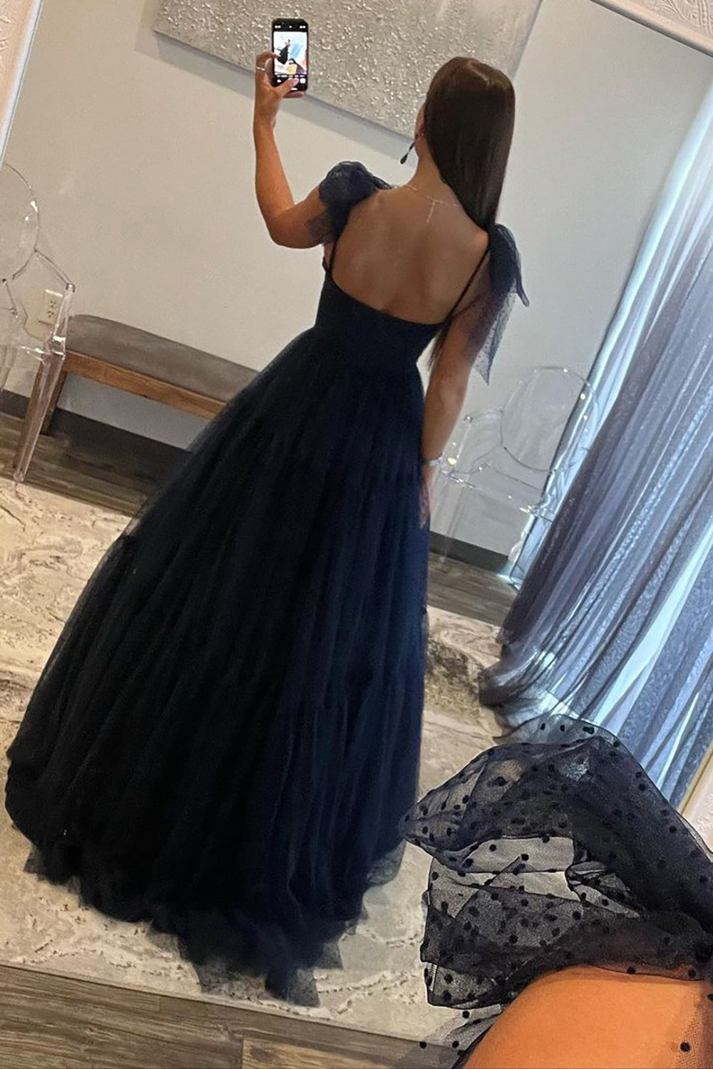 Dark Navy A-Line Tie Straps Zipper Back Long Tulle Prom Dress - View 2 | VelvetHem