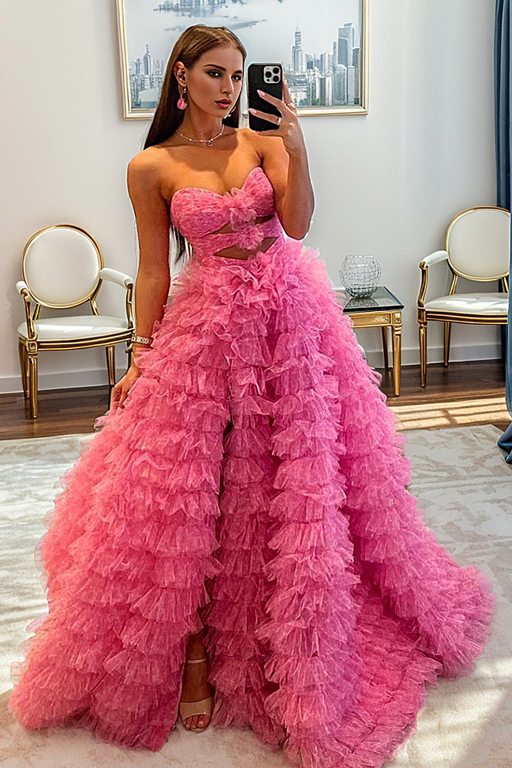 Blue Cute A-Line Sweetheart Long Tiered Tulle Prom Dress With Split