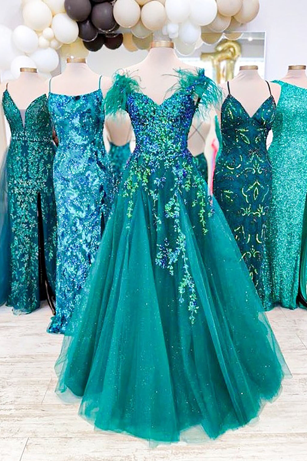 Princess A Line Off the Shoulder Green Long Prom Dress with Feather - View 4 | VelvetHem
