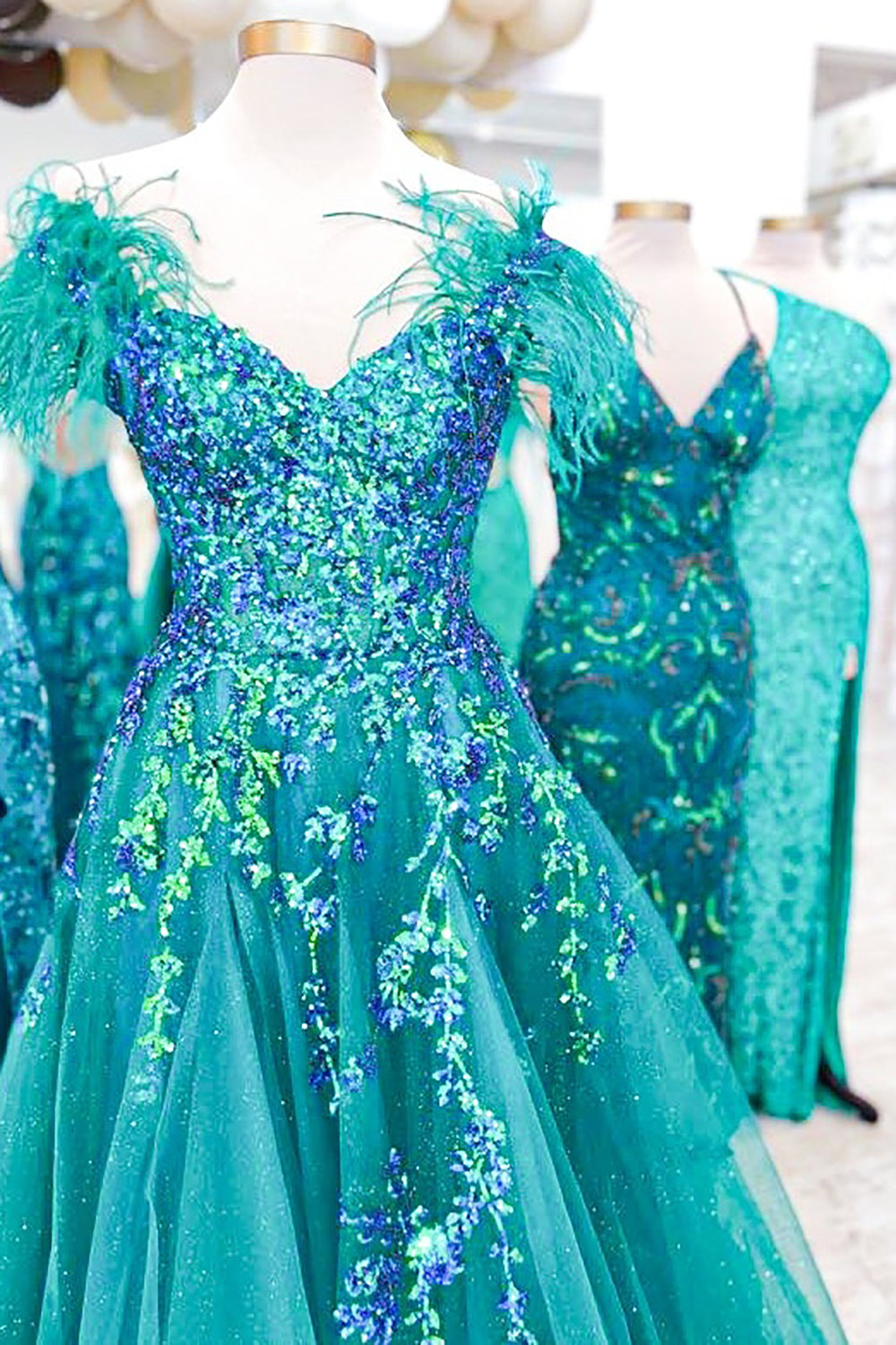 Princess A Line Off the Shoulder Green Long Prom Dress with Feather - View 5 | VelvetHem
