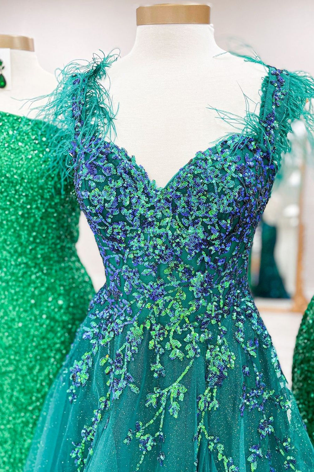 Princess A Line Off the Shoulder Green Long Prom Dress with Feather - View 6 | VelvetHem