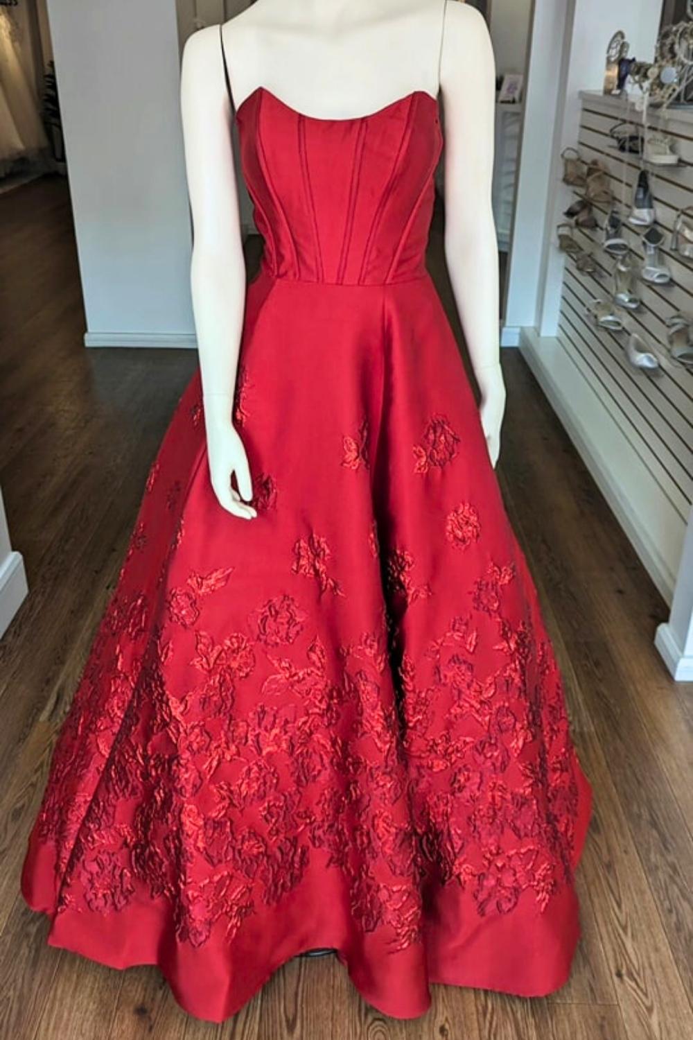 Princess A Line Strapless Red Corset Prom Dress with Appliques
