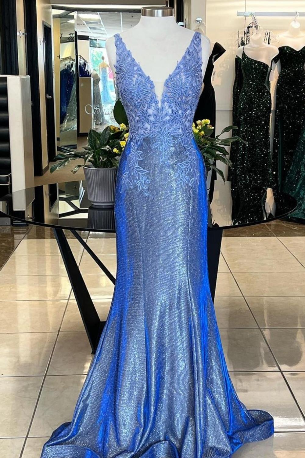 Gorgeous Mermaid Deep V Neck Blue Long Prom Dress with Appliques - VelvetHem