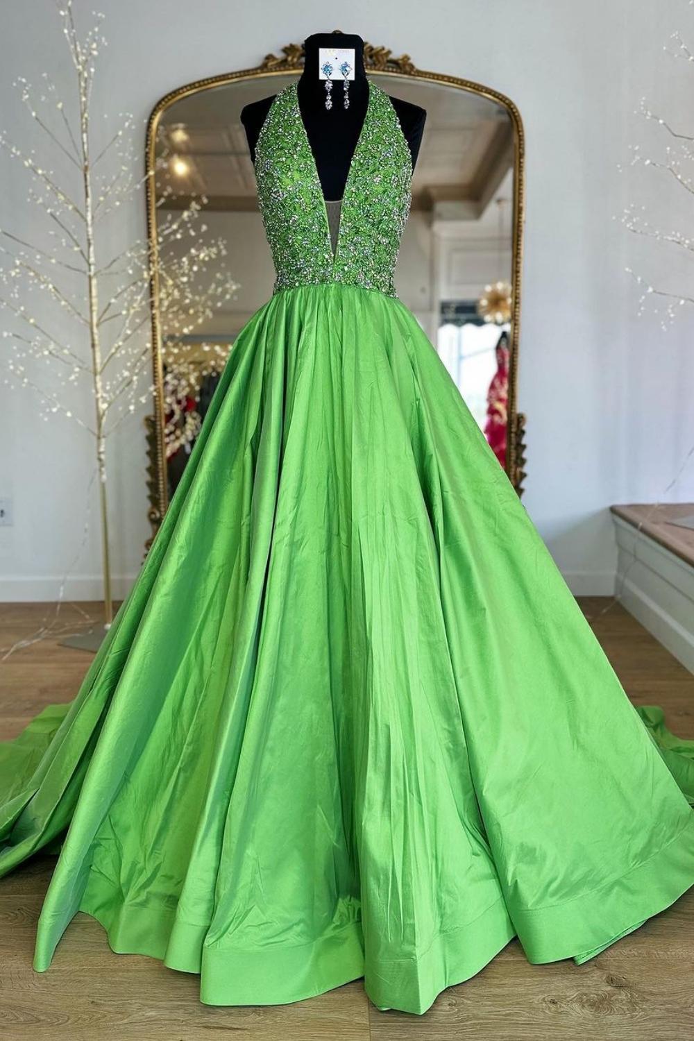 Princess A Line Halter Neck Green Long Prom Dress with Beading - VelvetHem
