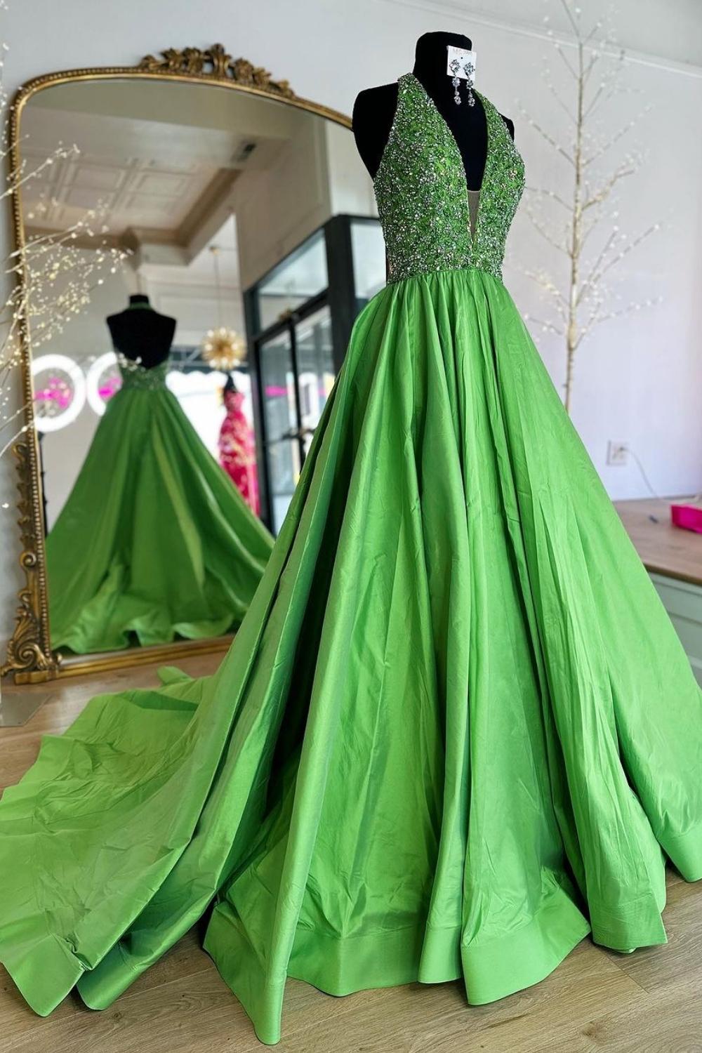 Princess A Line Halter Neck Green Long Prom Dress with Beading - View 3 | VelvetHem