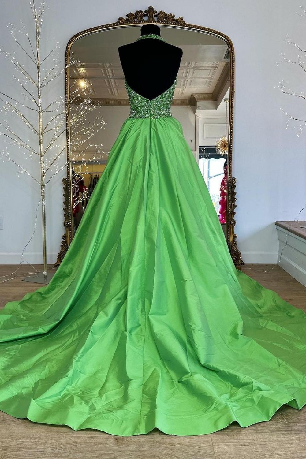 Princess A Line Halter Neck Green Long Prom Dress with Beading - View 2 | VelvetHem