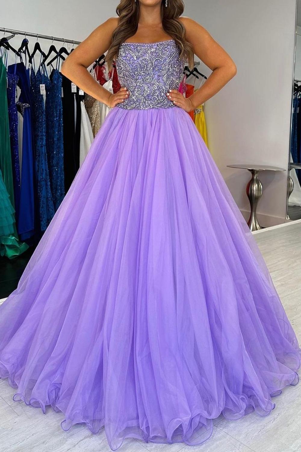 Charming A Line Strapless Purple Tulle Long Prom Dress with Beading - VelvetHem