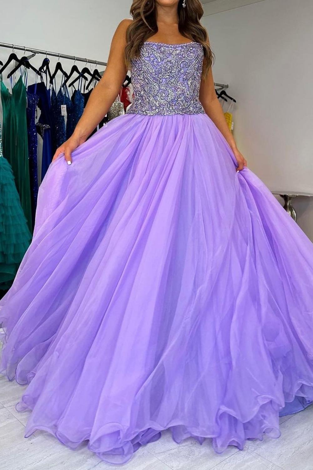 Charming A Line Strapless Purple Tulle Long Prom Dress with Beading - View 2 | VelvetHem