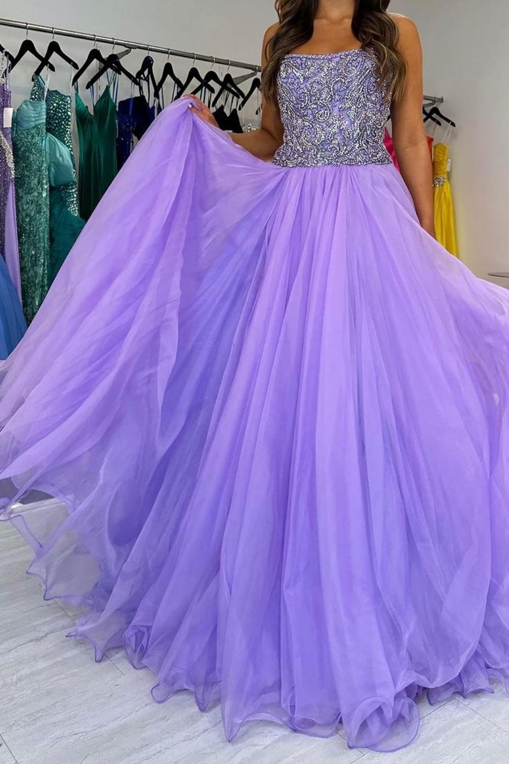 Charming A Line Strapless Purple Tulle Long Prom Dress with Beading - View 3 | VelvetHem
