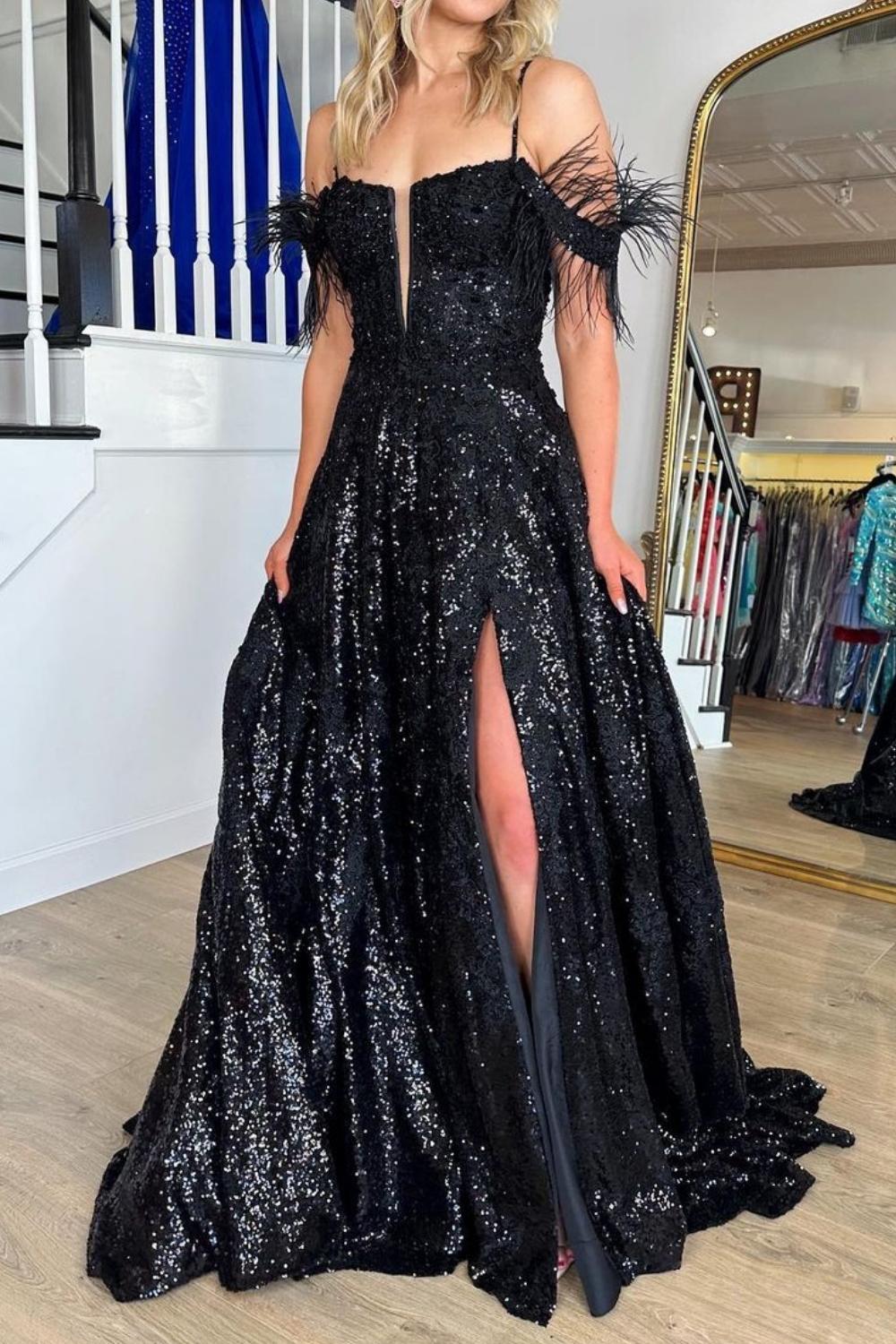 Gorgeous A Line Off the Shoulder Black Sequins with Feather - VelvetHem