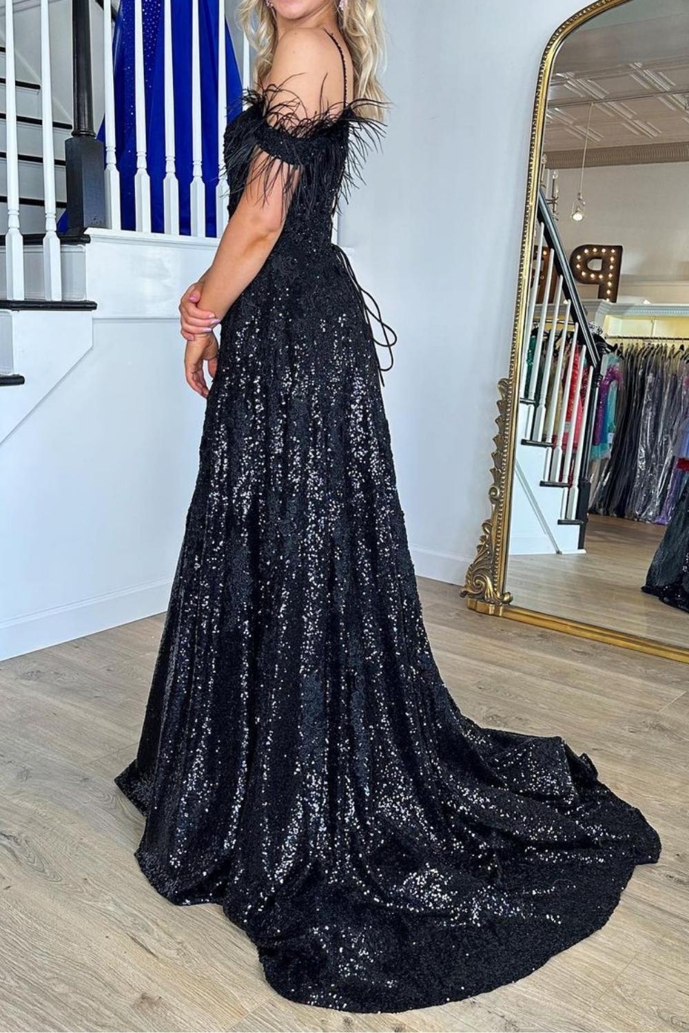 Gorgeous A Line Off the Shoulder Black Sequins with Feather - View 3 | VelvetHem