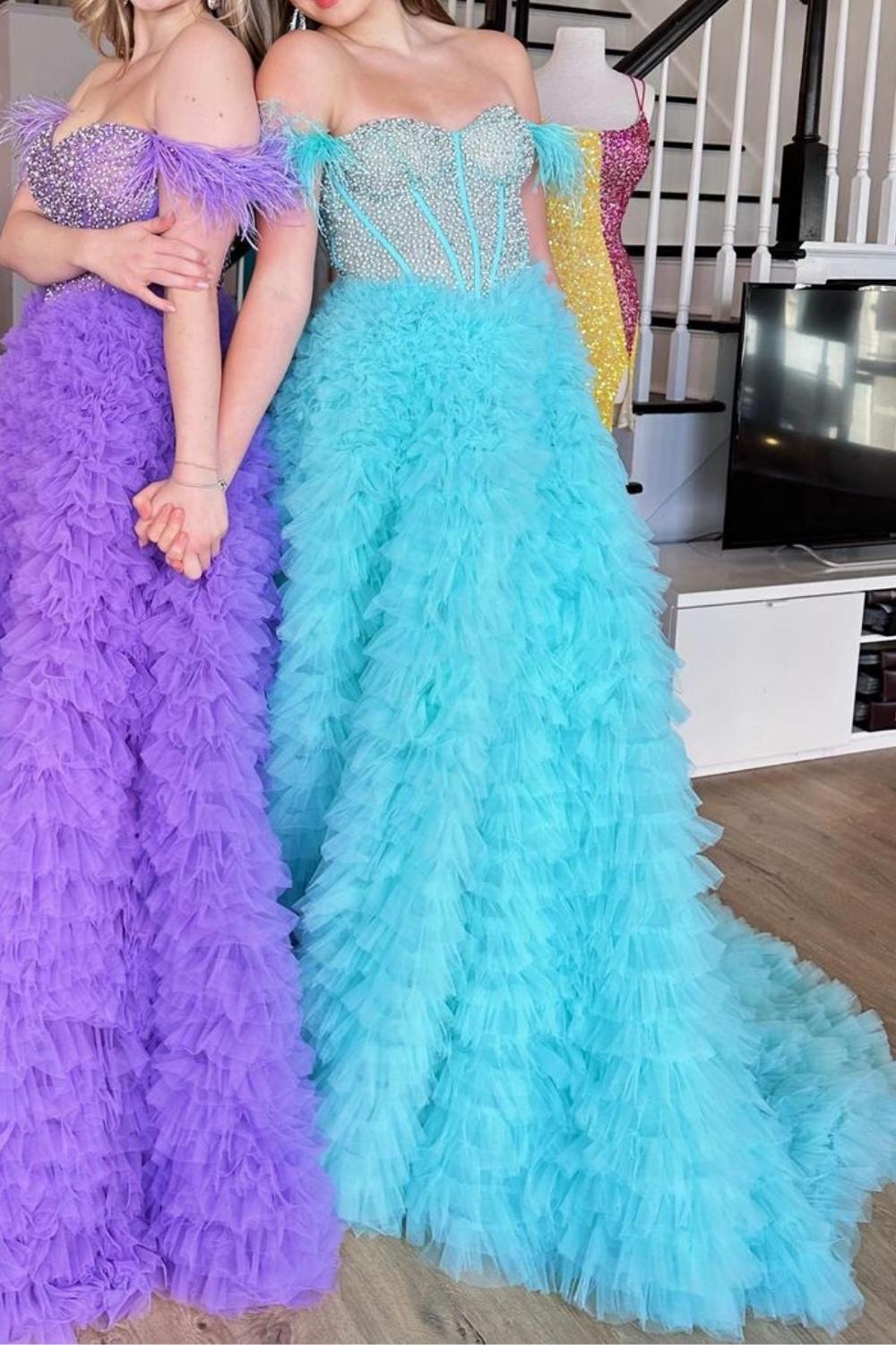 Princess A Line Off the Shoulder Purple/Blue Corset Prom Dress with Beading - VelvetHem