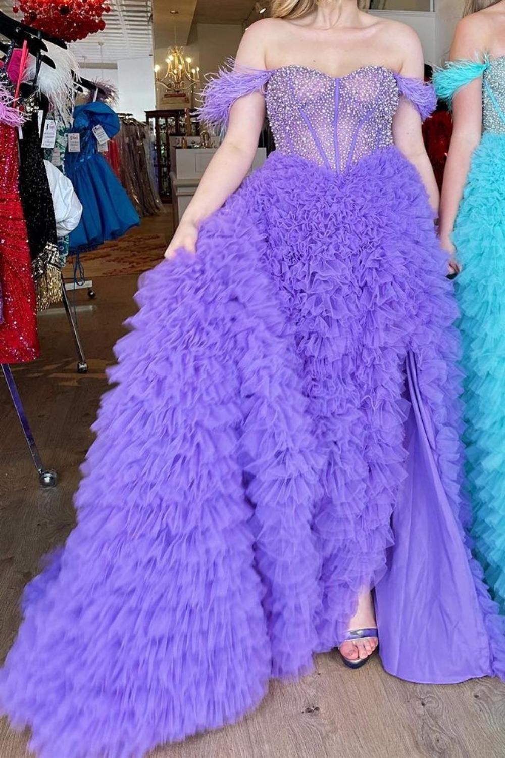 Princess A Line Off the Shoulder Purple/Blue Corset Prom Dress with Beading - View 2 | VelvetHem