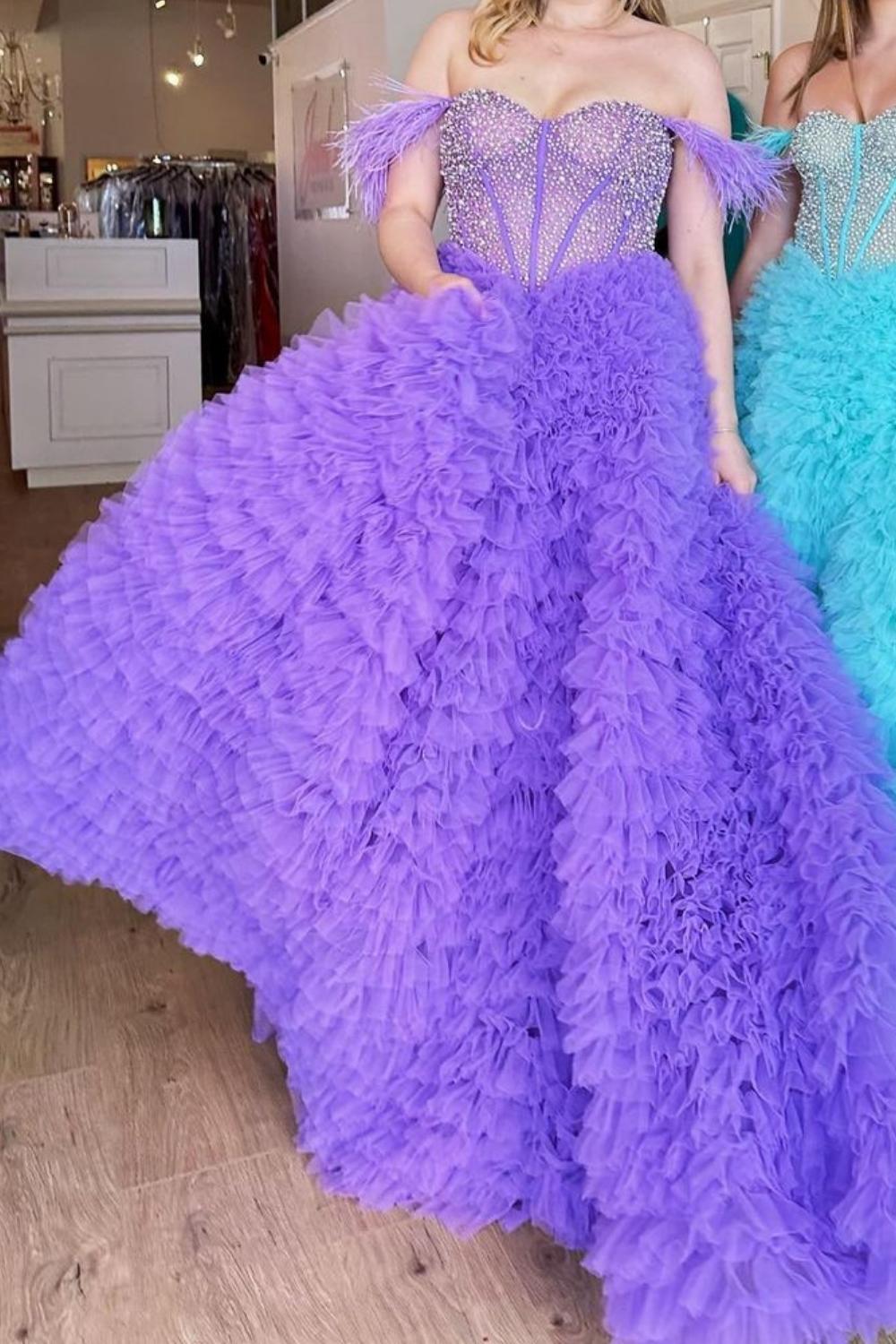 Princess A Line Off the Shoulder Purple/Blue Corset Prom Dress with Beading - View 3 | VelvetHem
