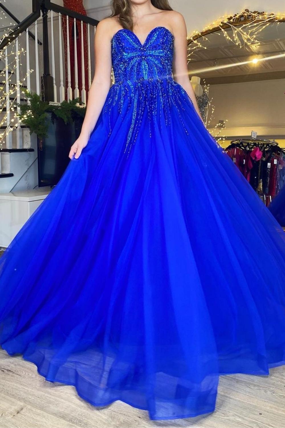 Gorgeous A Line Sweetheart Royal Blue Long Prom Dress with Appliques - View 3 | VelvetHem