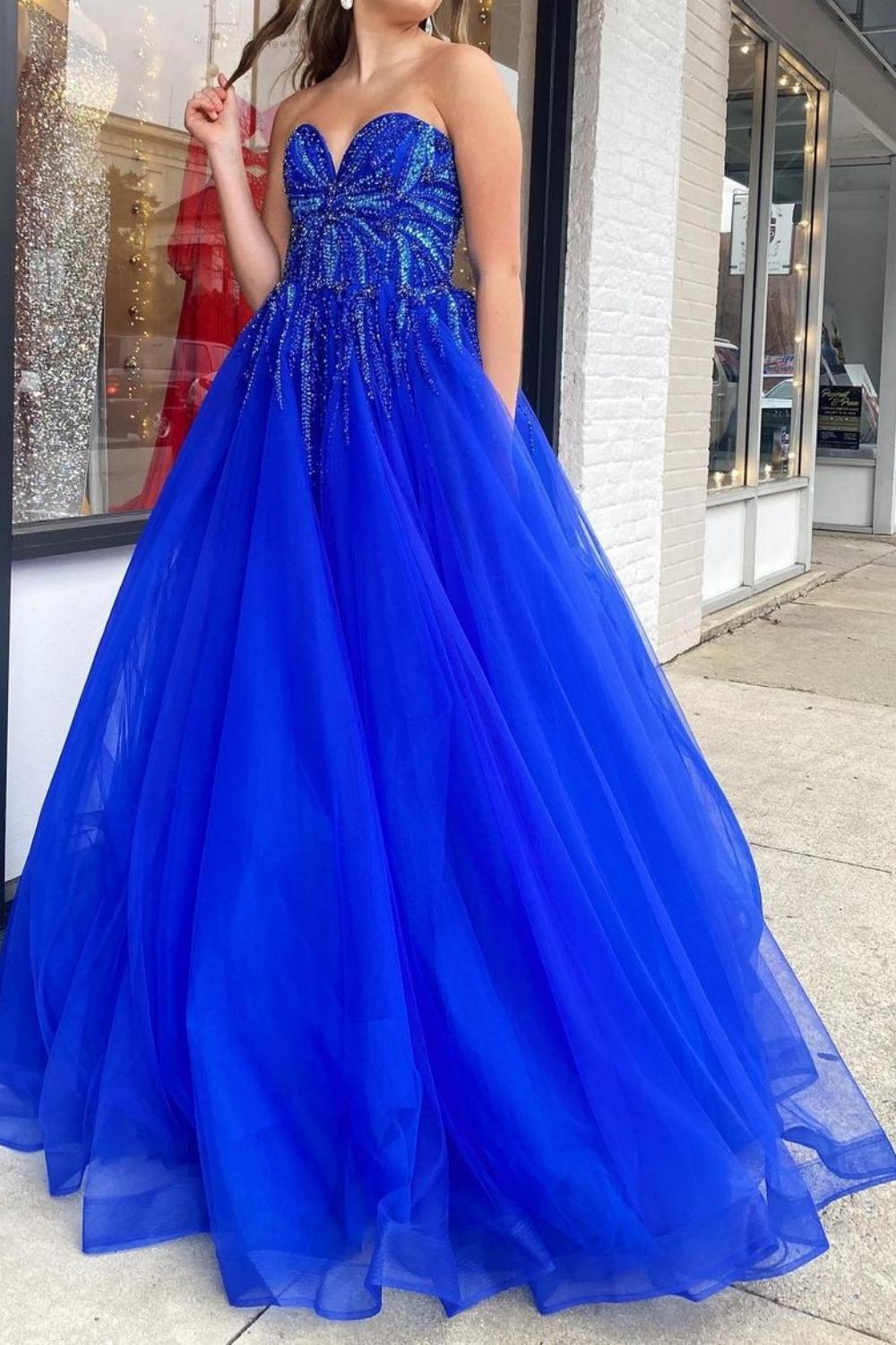 Gorgeous A Line Sweetheart Royal Blue Long Prom Dress with Appliques - View 4 | VelvetHem