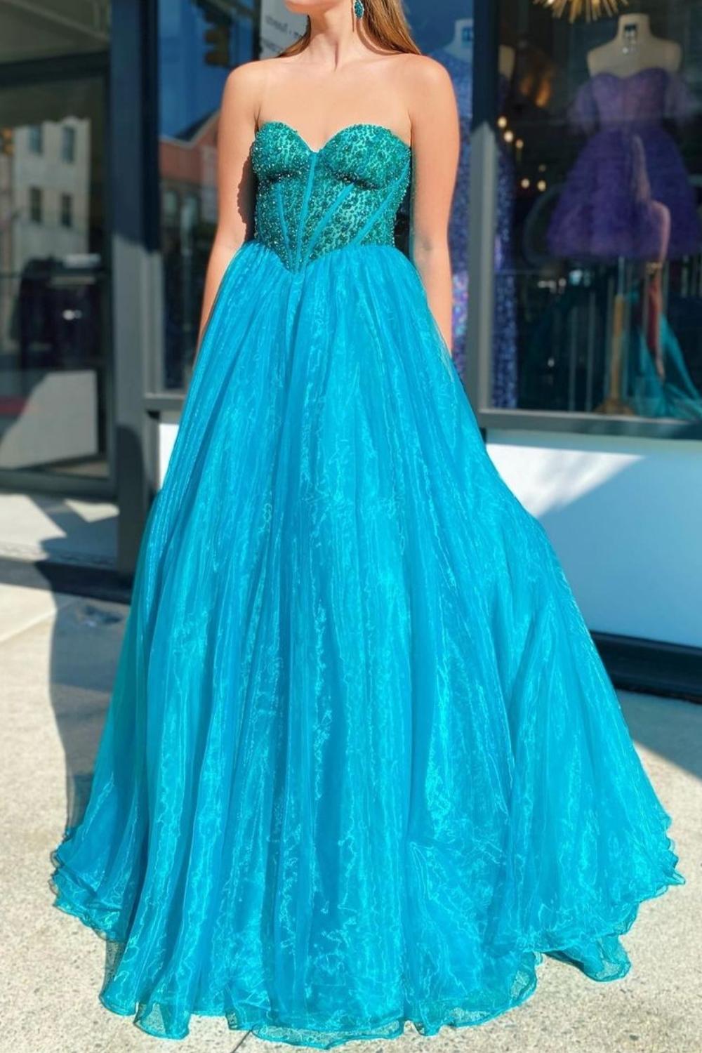 Princess A Line Sweetheart Blue Corset Prom Dress with Beading - View 3 | VelvetHem