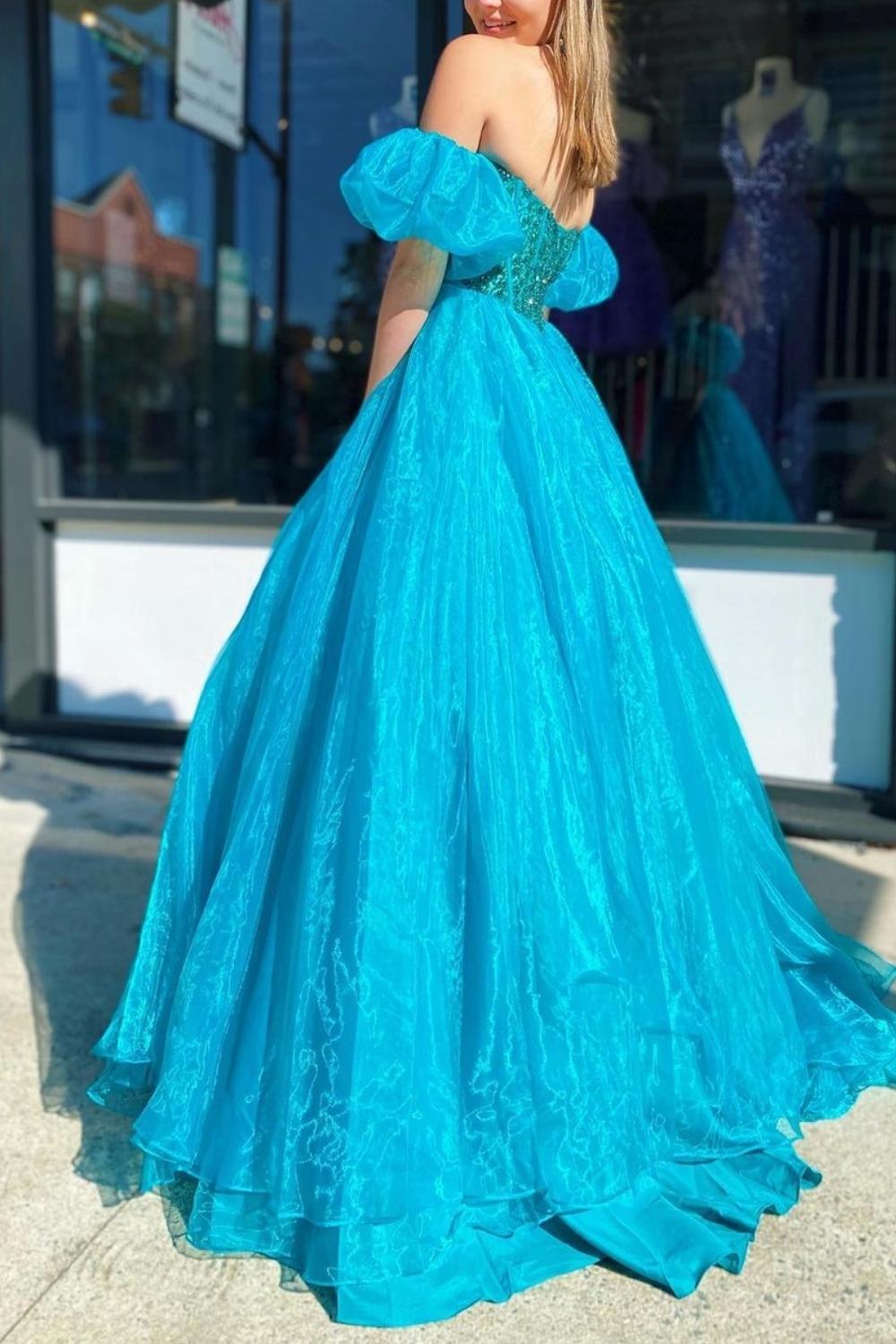 Princess A Line Sweetheart Blue Corset Prom Dress with Beading - View 2 | VelvetHem